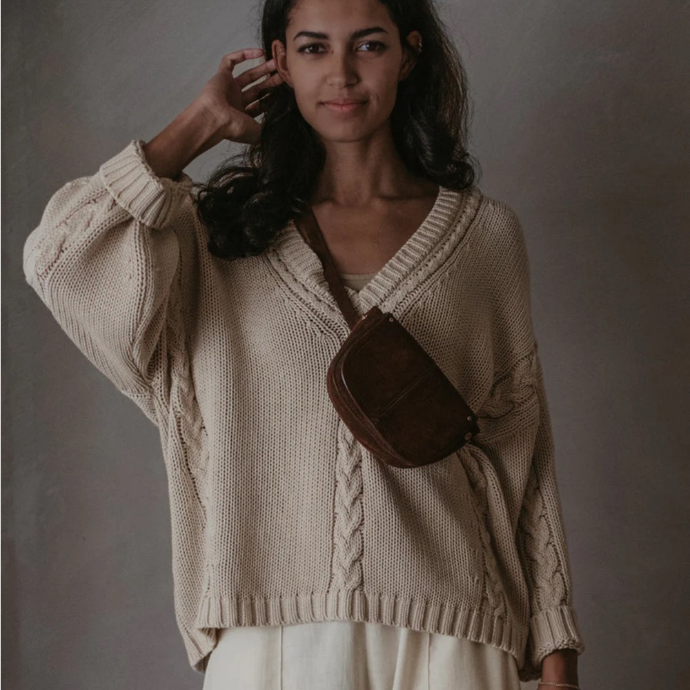The Simple Folk Organic Cotton V-Neck Cable Knit Sweater